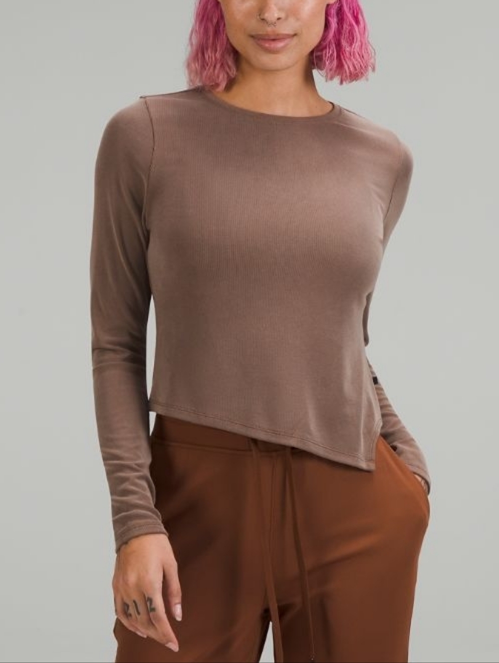 Lululemon Brown Dark Mocha Ribbed Asymmetrical Hem Long Sleeve Top